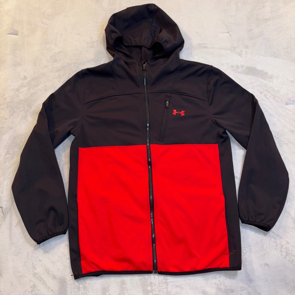 Under Armour Youth XL Full Zip Hoodie Black Red Colorblock Fleece Lined Jacket